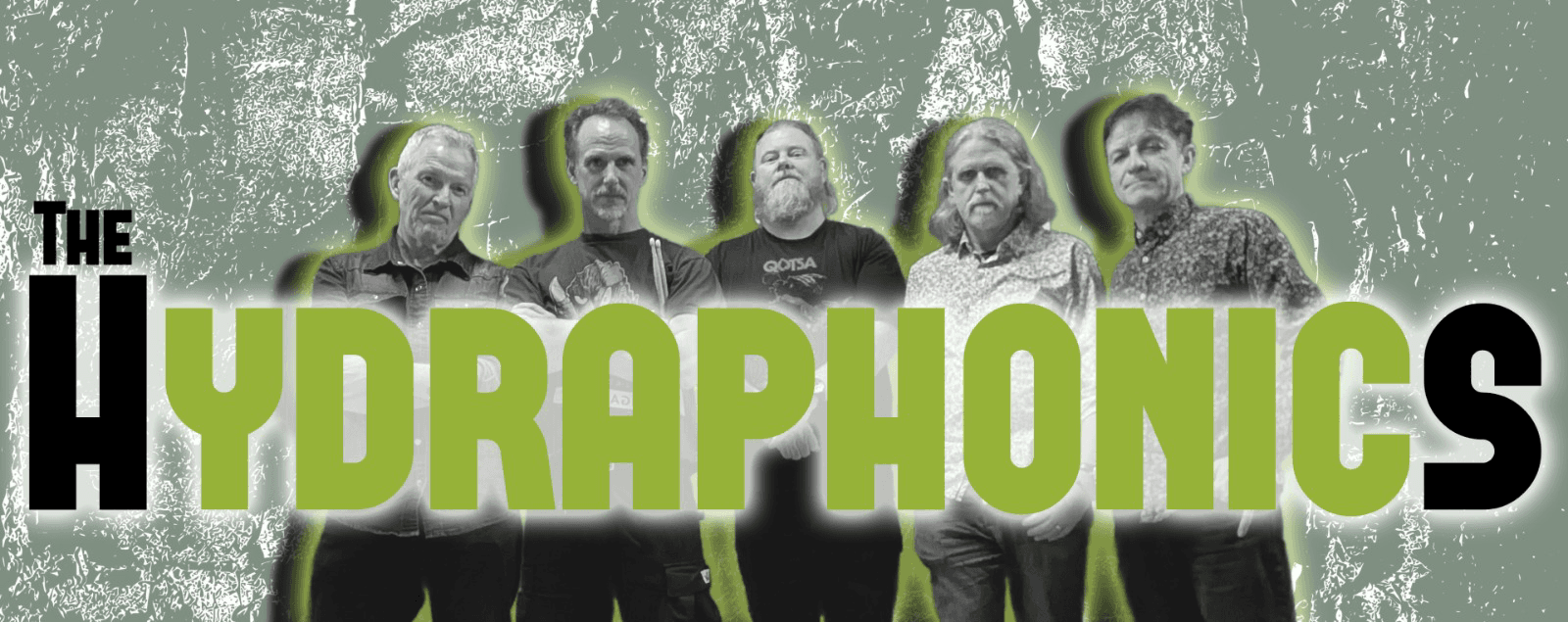 The five members of The Hydraphonics in front of a distressed green wall, under the band's name